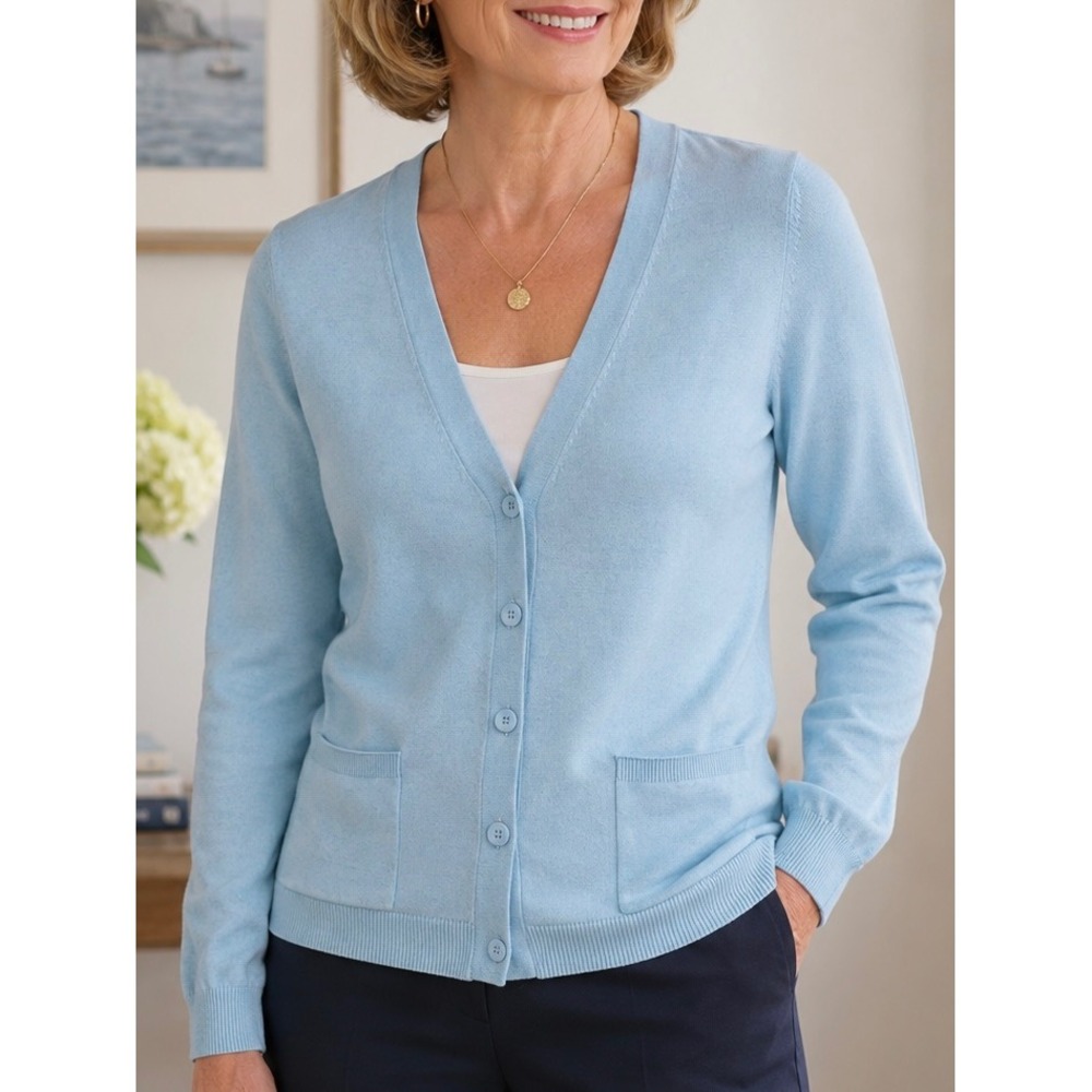 Talbots Light Blue V-Neck Cardigan Sweater Medium Petite Button Front Pockets
